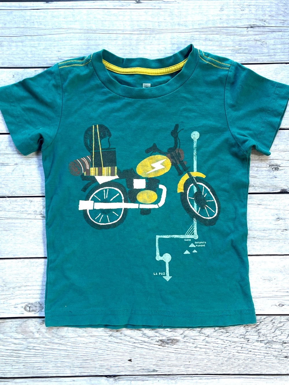 Tea Collection Teal Motorcycle Graphic Tee with Yellow Accents